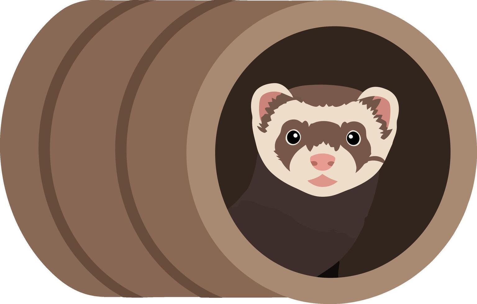 A playful ferret peeking out from a wooden tunnel in a flat illustration vector