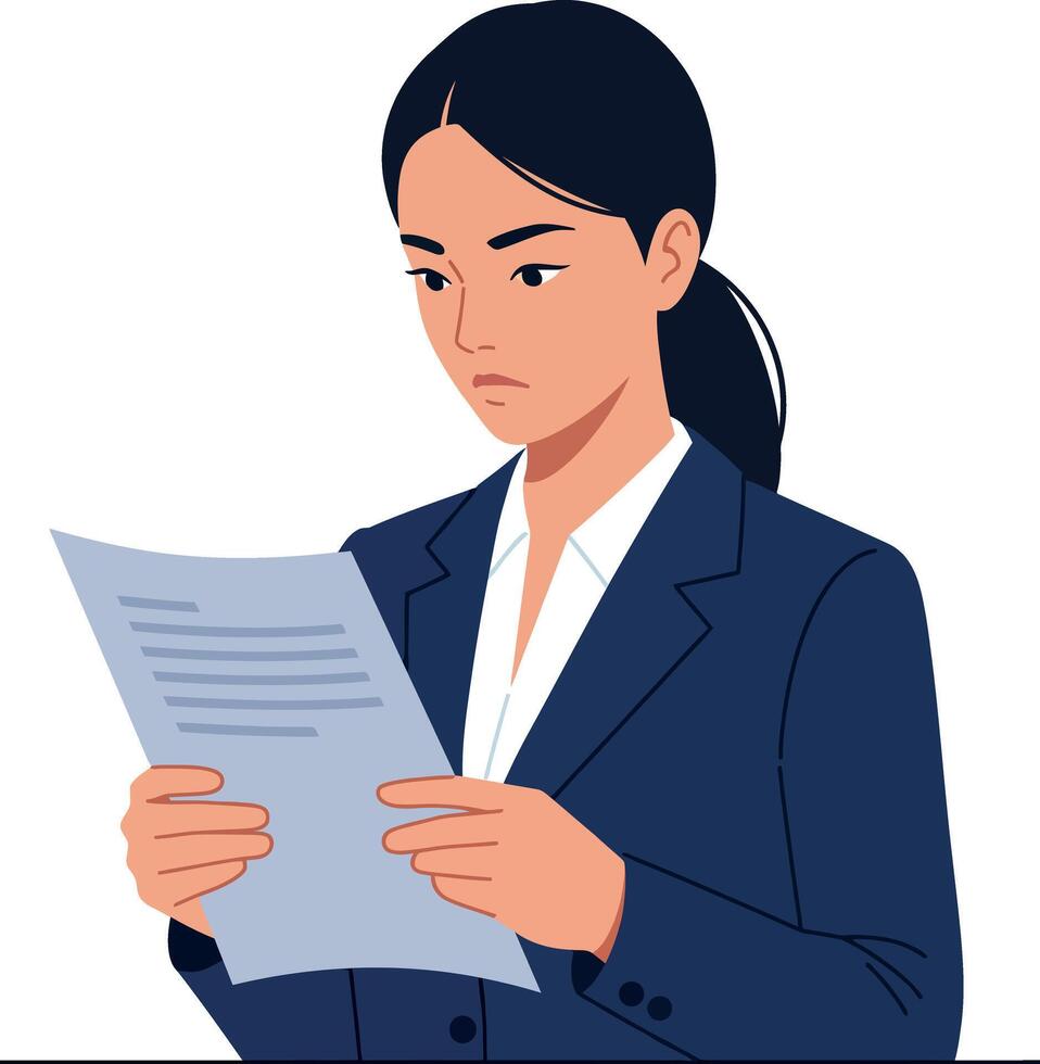 Businesswoman reading a document with a focused expression in flat illustration vector
