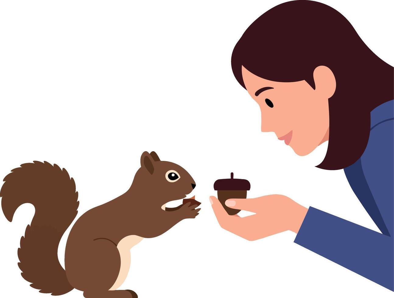 A woman smiling and feeding a cute brown squirrel with a cupcake in a flat illustration vector