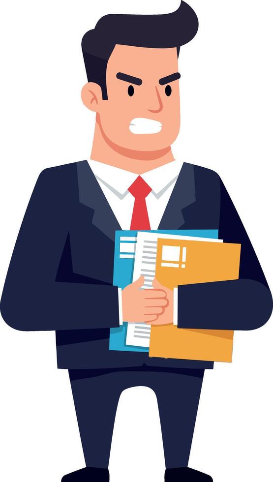 Businessman in suit holding files, expressing determination, flat illustration vector