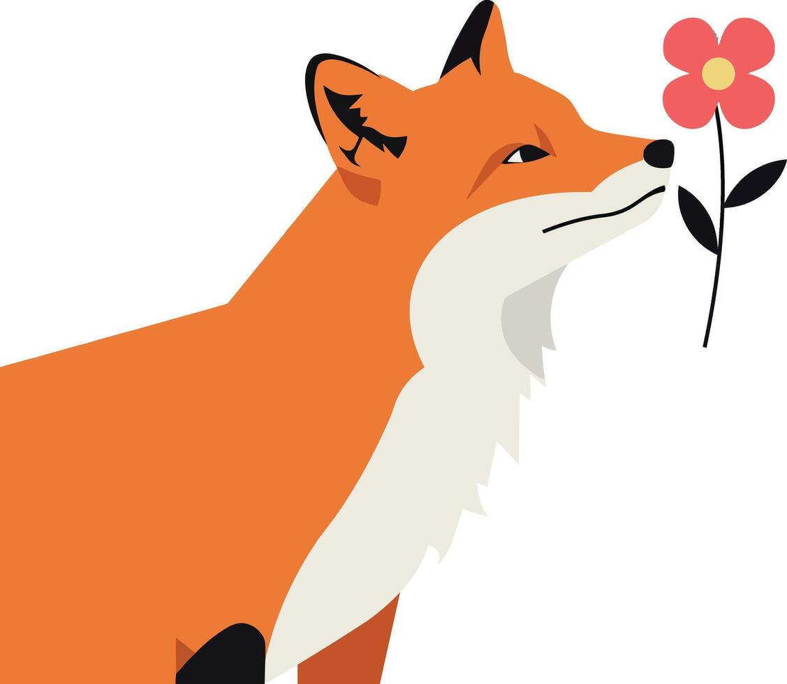 A curious fox sniffing a vibrant pink flower in a flat illustration vector