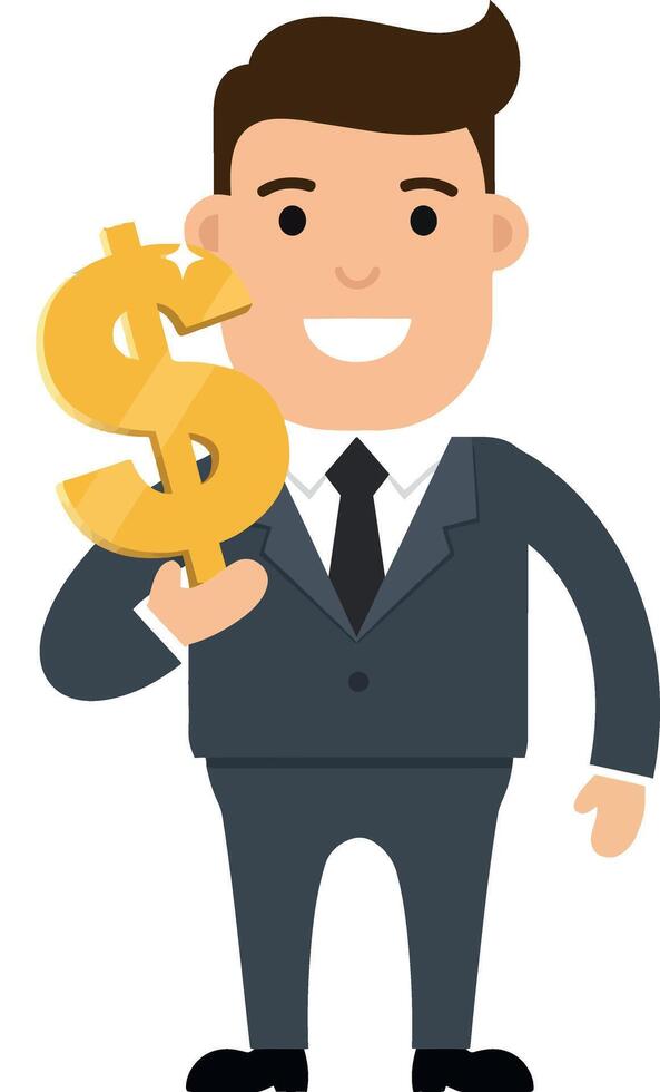 Businessman in a suit holding a golden dollar sign in a cheerful, flat illustration vector