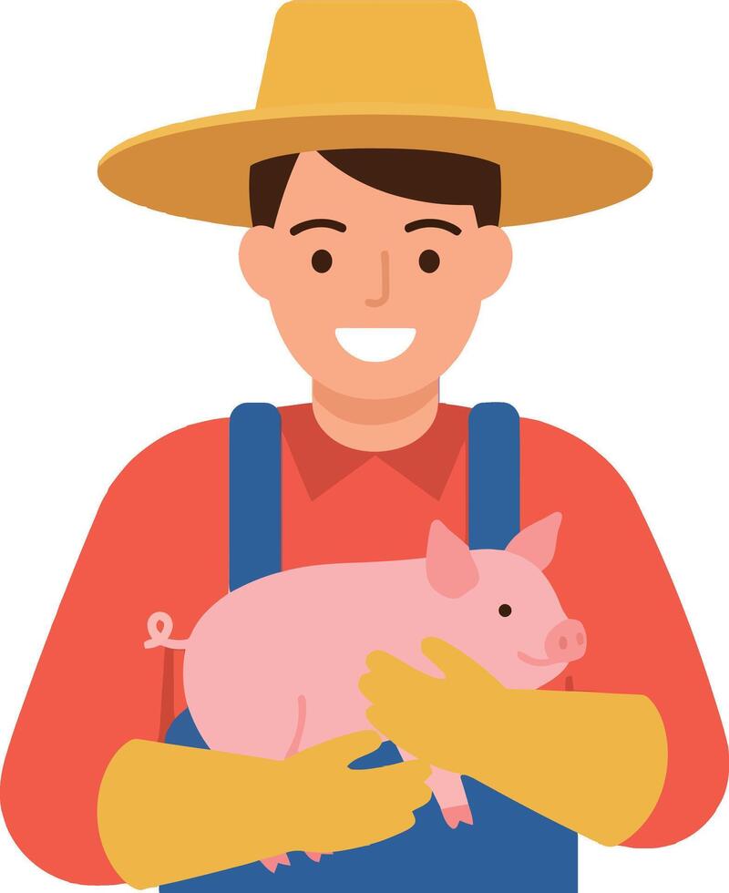 Farmer holding a pink pig wearing yellow gloves in a cheerful flat illustration vector
