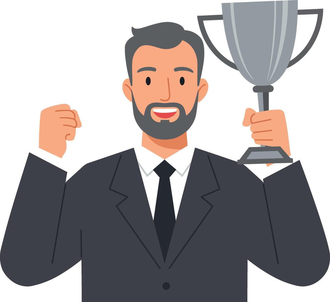 Happy man in a suit celebrating victory with a trophy in hand, flat illustration vector
