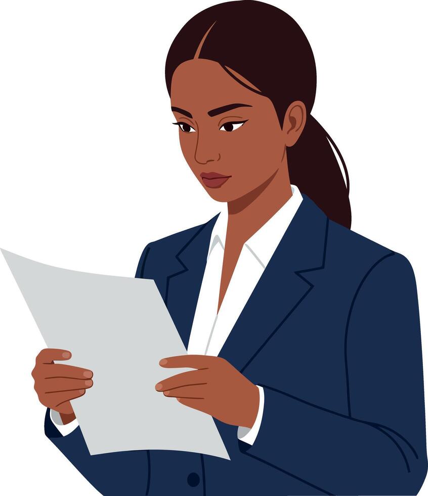 Businesswoman in a dark suit reading a document with focus in flat art vector