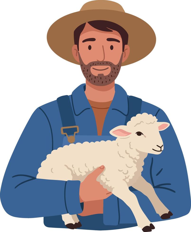 Farmer holding a fluffy white lamb in a flat design illustration vector