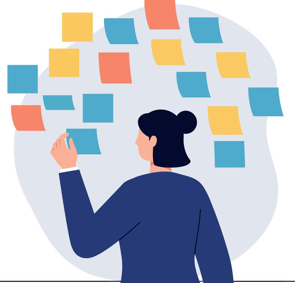 A woman organizing colorful sticky notes on a wall in a flat illustration vector