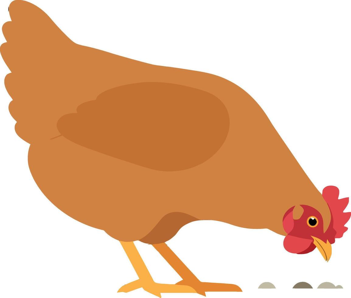 A brown hen pecking at the ground in a flat, minimal illustration vector