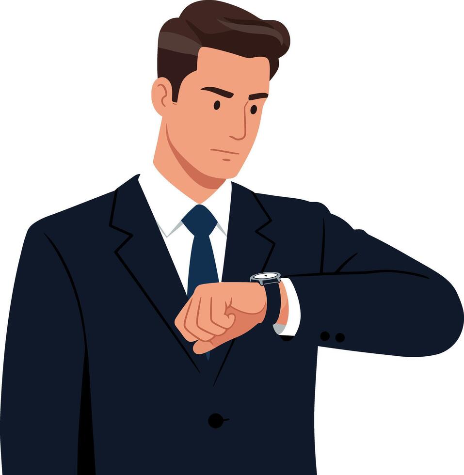 Businessman in a suit checking his watch in a flat, minimal style illustration vector