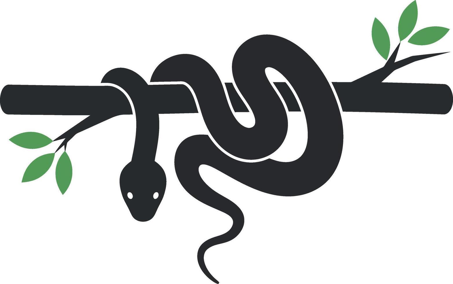 Black snake coiling around a branch with green leaves in minimal art vector