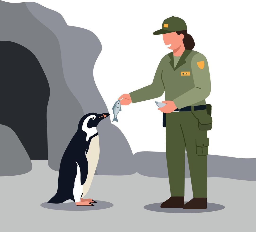 A zookeeper feeding a penguin fresh fish in a natural habitat, flat illustration vector