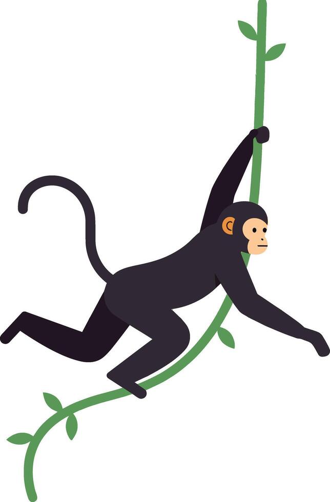 Playful monkey swinging on green vine in minimal style illustration vector