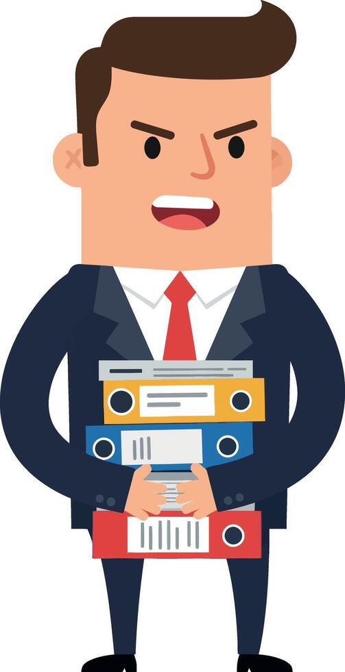 Businessman in a suit holding multiple folders, flat art vector