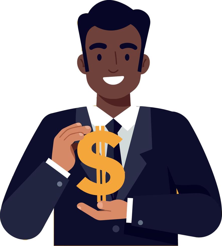 Confident businessman holding a large dollar sign in a suit, flat illustration vector