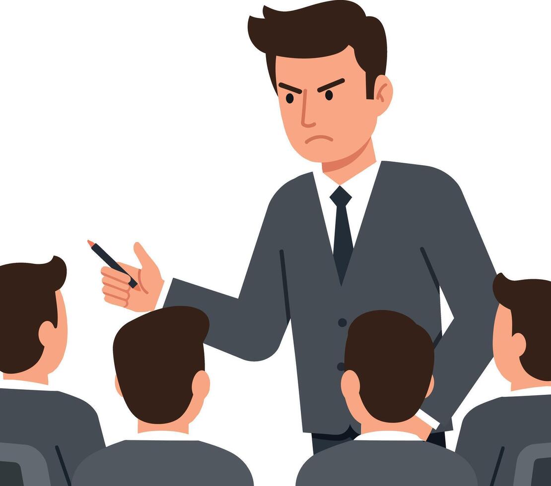 Business meeting with an assertive speaker in a suit delivering a presentation in flat art vector