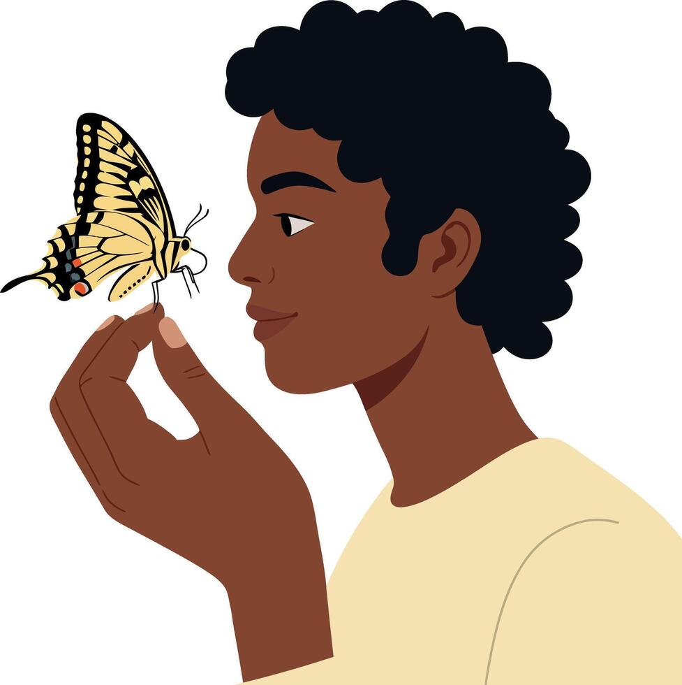 A young person with curly hair gently observing a butterfly in a flat, minimalist style illustration vector