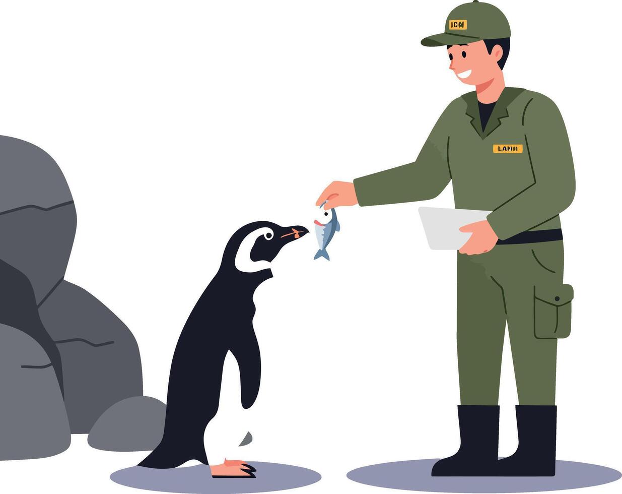 A zookeeper feeding a penguin while standing near rocks in flat art vector