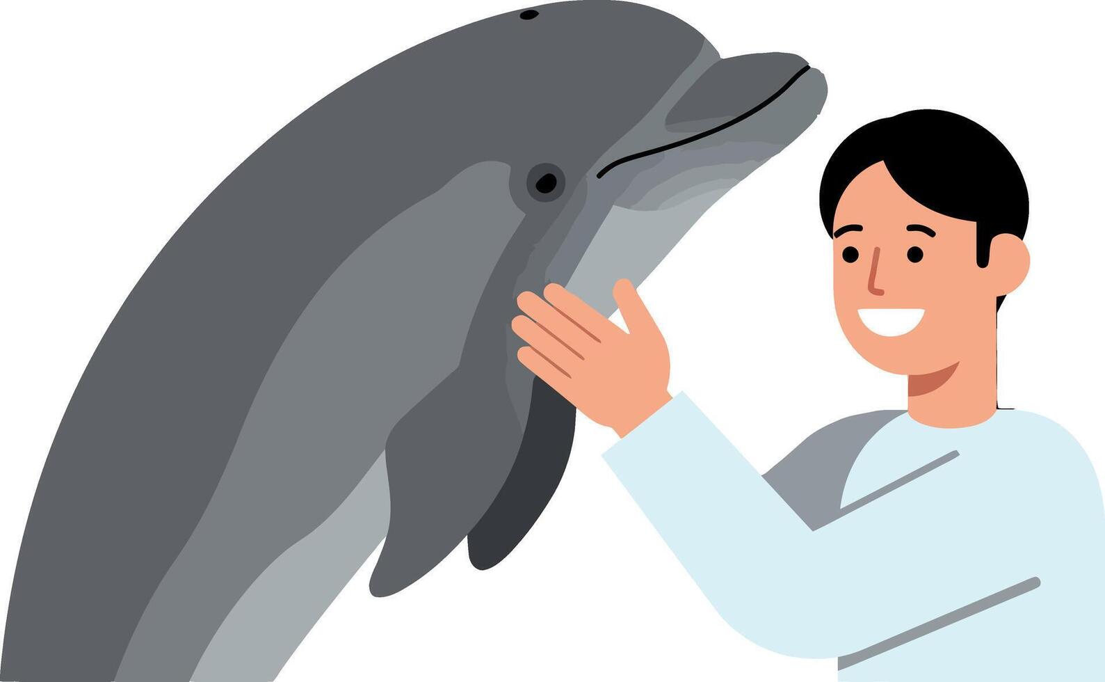 A man interacting with a dolphin in a friendly manner, flat illustration vector