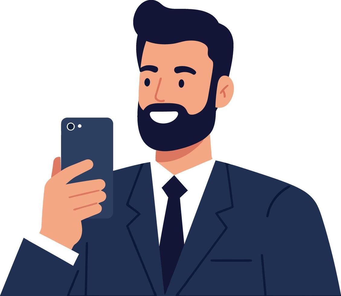 Confident businessman taking a selfie while dressed in a dark suit, flat art vector