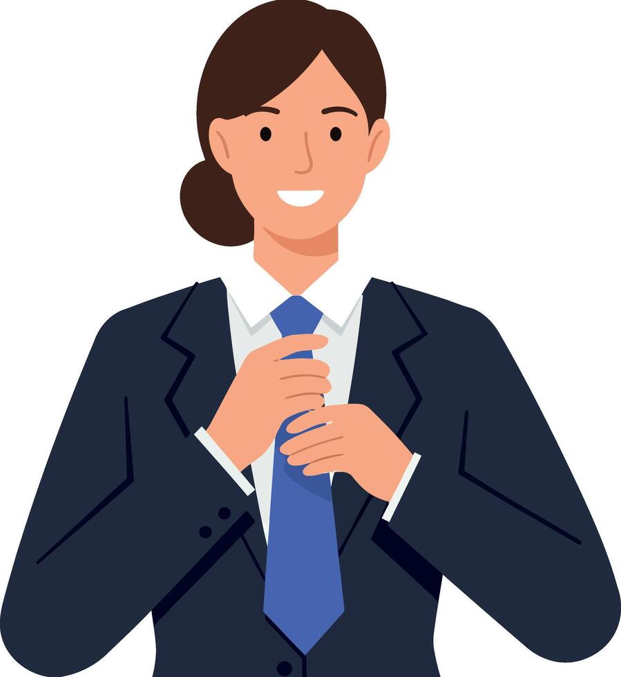 Businesswoman adjusting her blue tie in a formal suit, flat illustration vector
