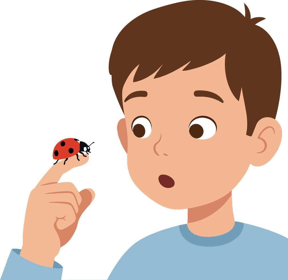 A boy observing a ladybug on his finger in a flat, colorful illustration vector