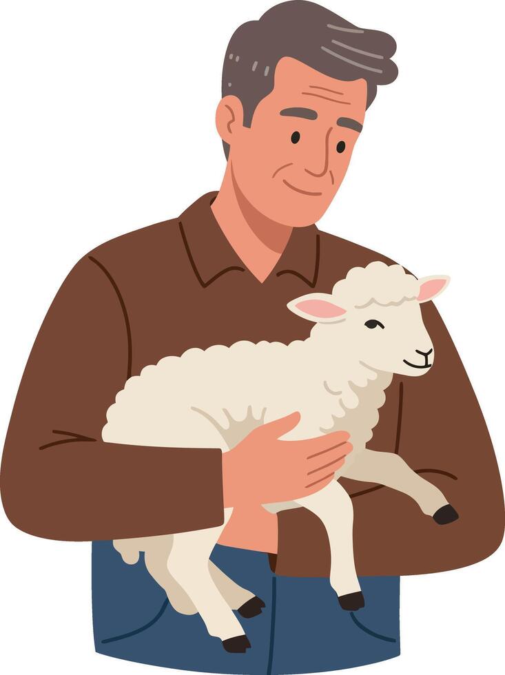A man holding a cute lamb in a warm, friendly setting, flat illustration vector