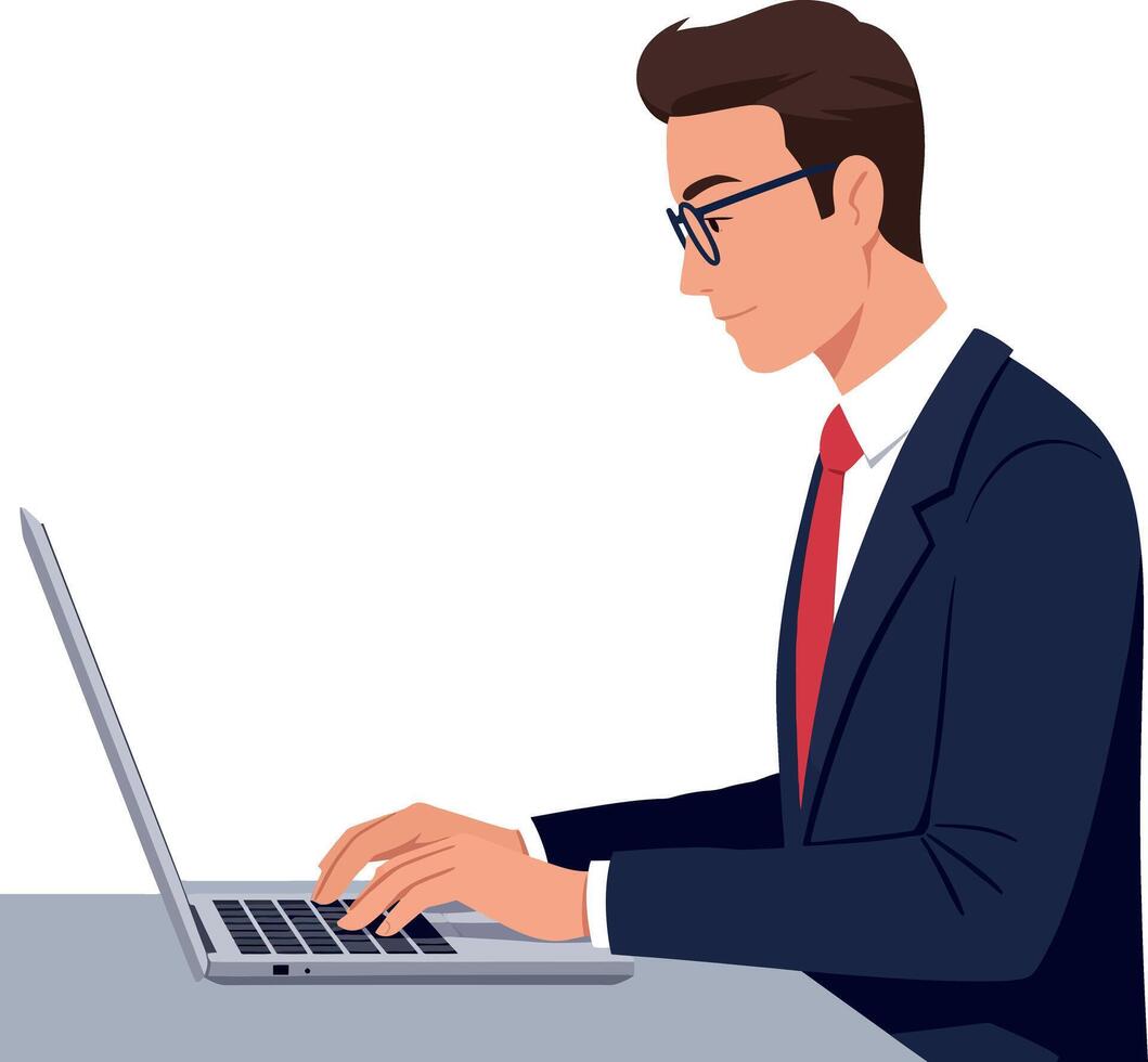 Professional man in a suit working on a laptop in a flat illustration vector