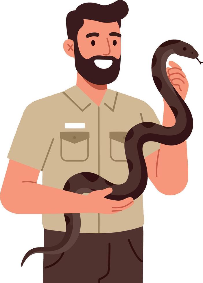 A smiling man in a beige shirt holding a snake in a flat illustration vector