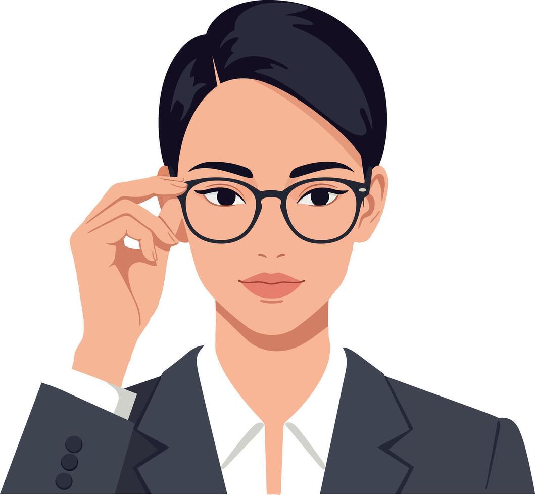 Confident businesswoman adjusting glasses in a professional setting, minimal illustration vector