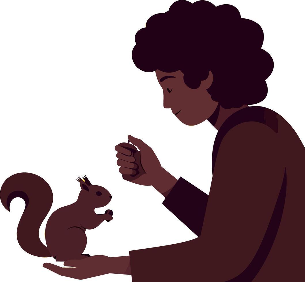 A person feeding a friendly squirrel with an outstretched hand in flat art vector