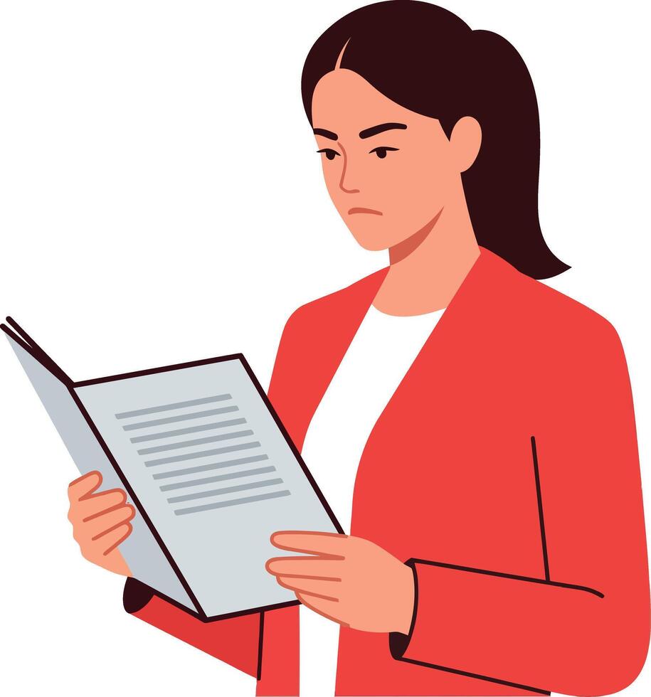 Woman in red blazer reading a document with focus, minimal illustration vector