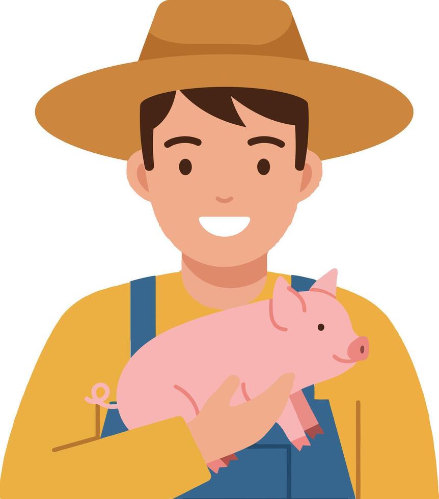 Farmer holding a pink pig in a yellow shirt with a straw hat, flat illustration vector