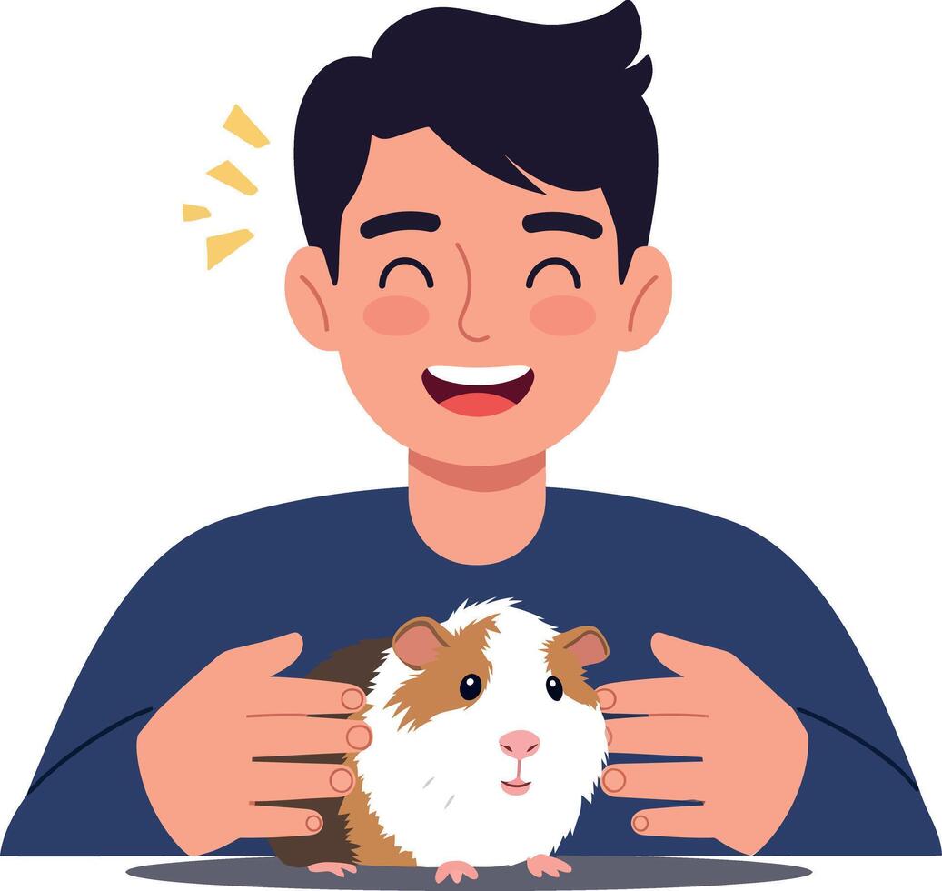 Happy boy holding a cute guinea pig in a flat illustration vector
