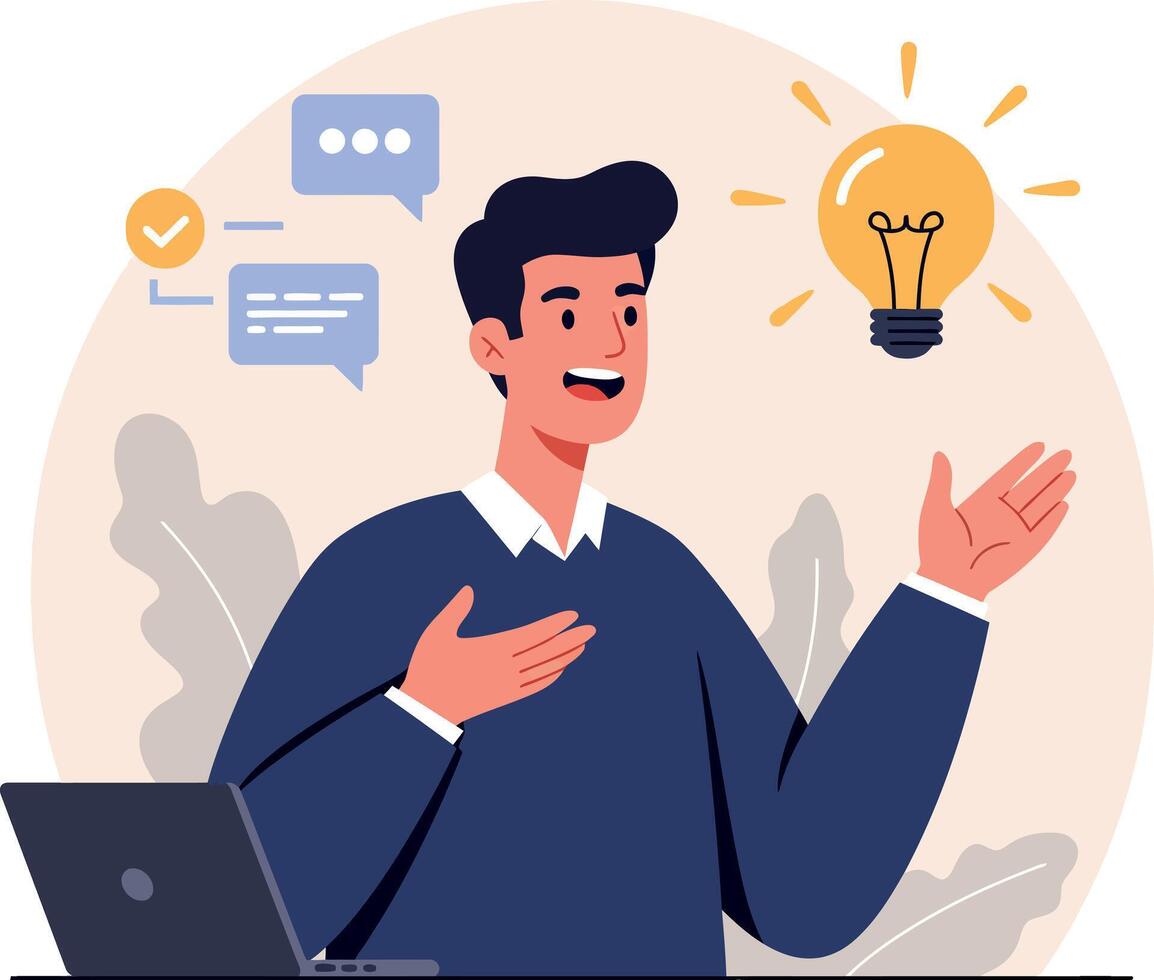 Engaged man presenting ideas enthusiastically with laptop, minimal illustration vector