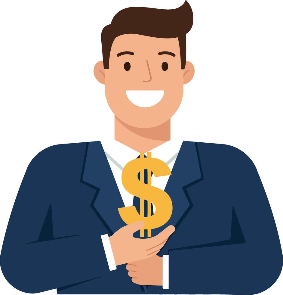 Confident businessman in a suit holding a dollar symbol, minimal illustration vector