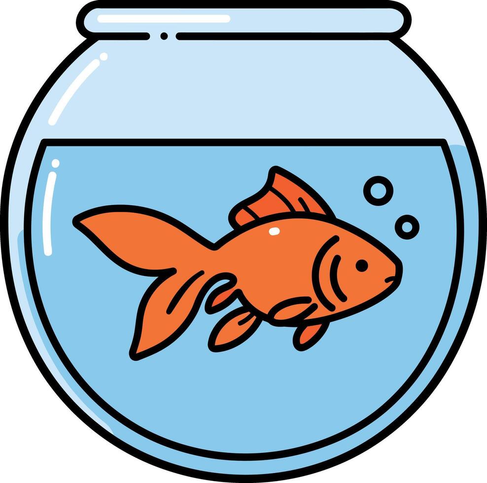 A vibrant goldfish swimming gracefully in a round fishbowl with water bubbles in flat art vector