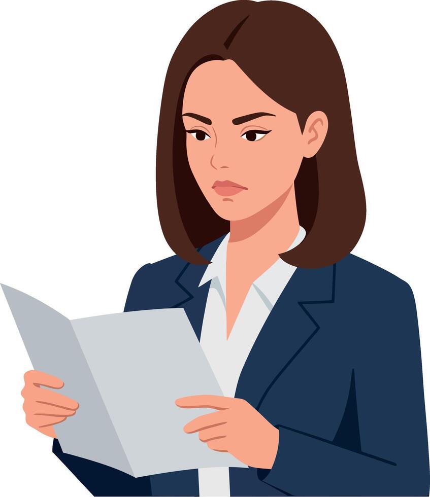 Businesswoman in a navy suit reading a document with focus in a flat illustration vector
