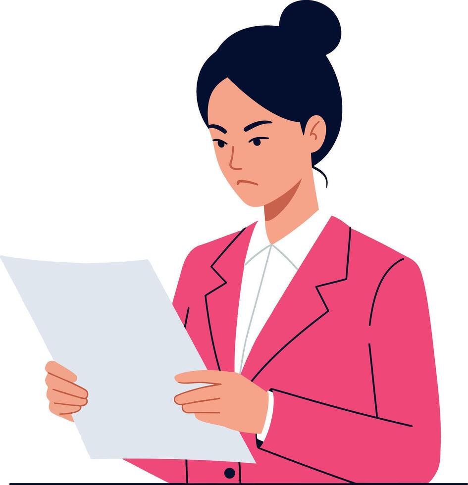 Professional woman in a pink blazer reading a document with a focused expression in flat art vector