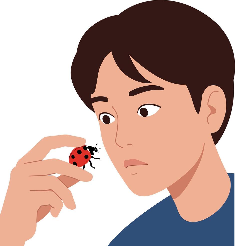 A boy observing a ladybug on his finger in flat art vector