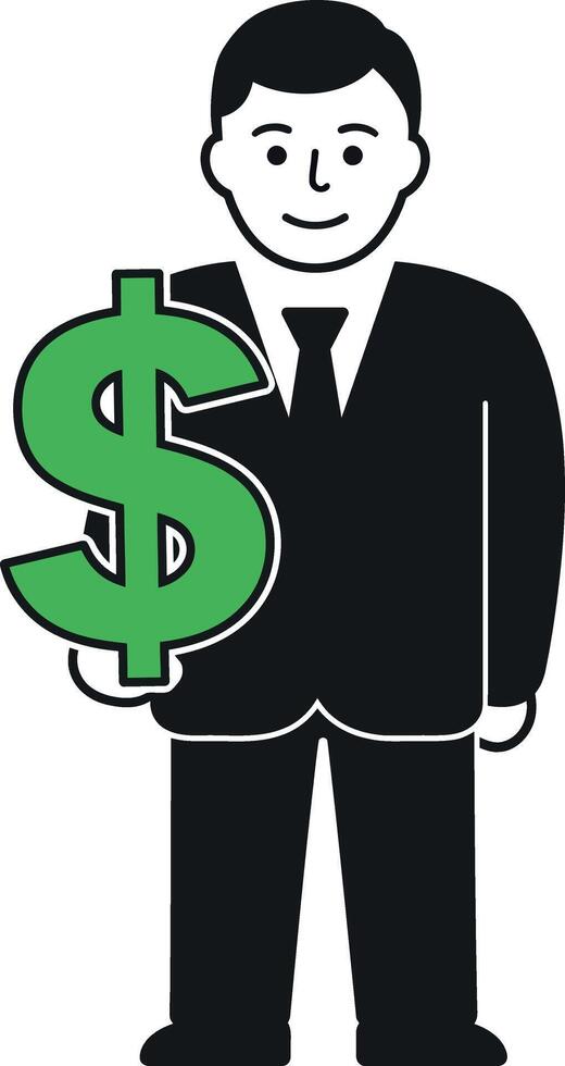 Businessman in suit holding dollar sign in flat, minimal art vector