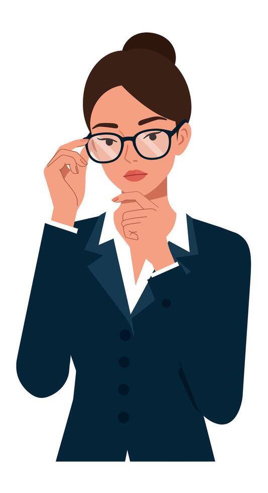 Thoughtful businesswoman adjusting glasses in a professional suit, minimal style illustration vector