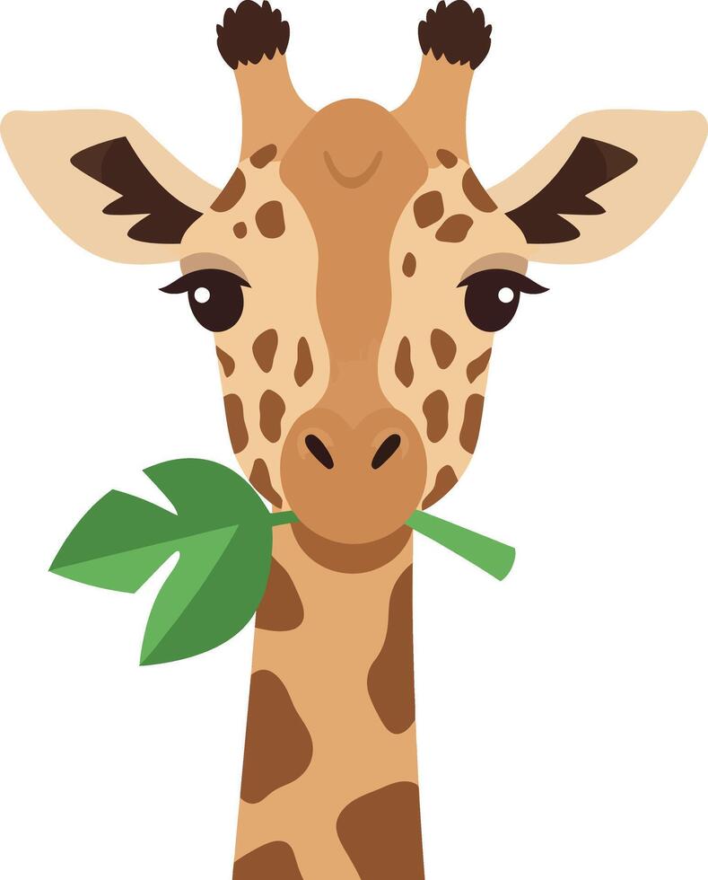 Cute giraffe holding a green leaf in its mouth, minimal style illustration vector