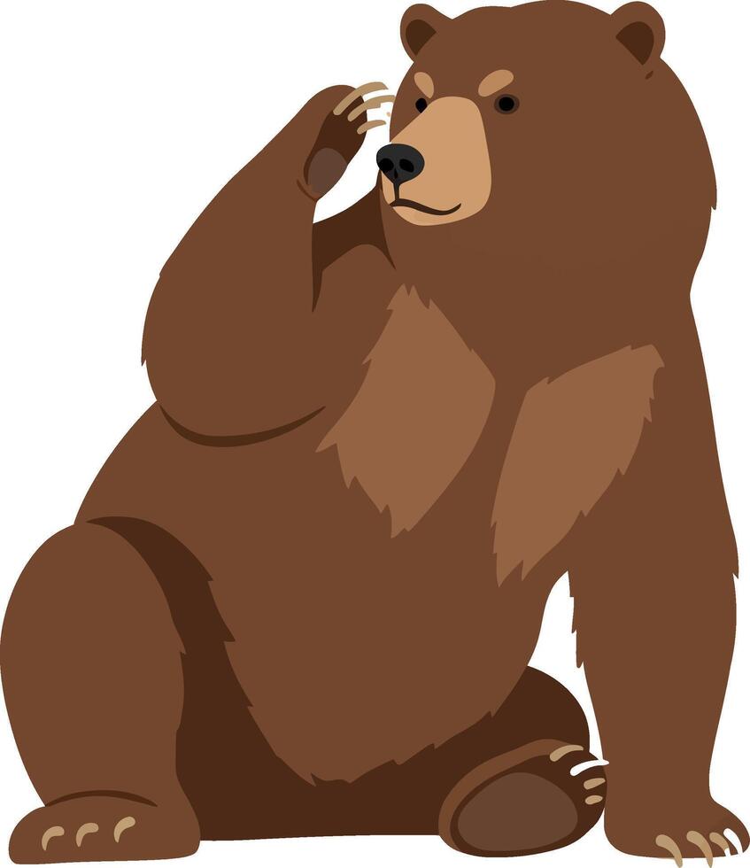 A playful brown bear sitting and scratching its head in a minimal style illustration vector