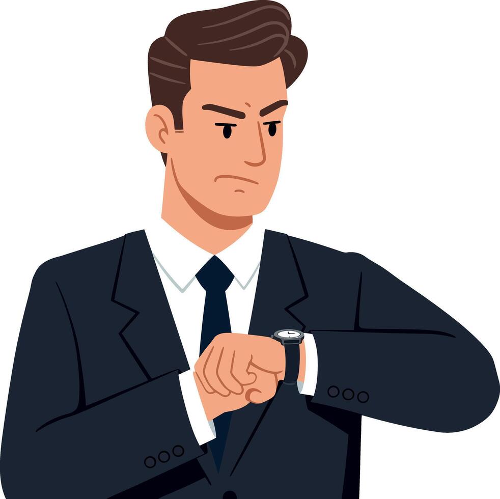 A businessman in a suit checking his watch in a flat illustration vector