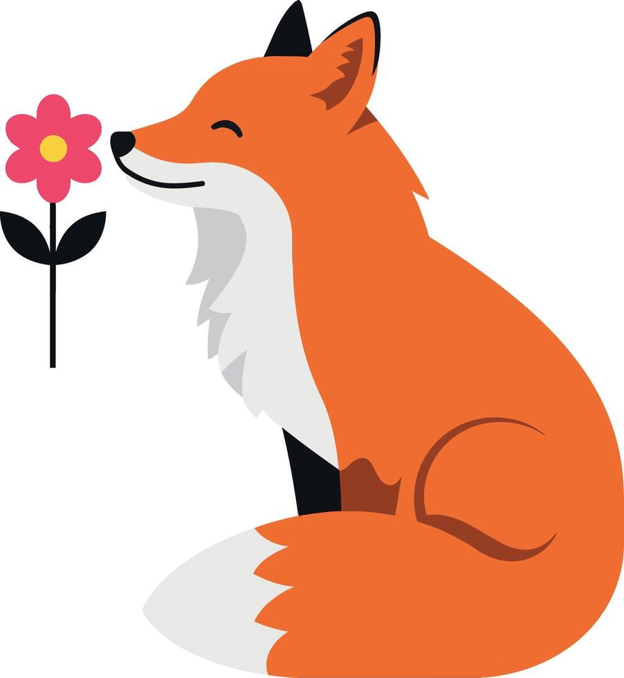 Cute orange fox sitting peacefully beside a pink flower in flat art vector