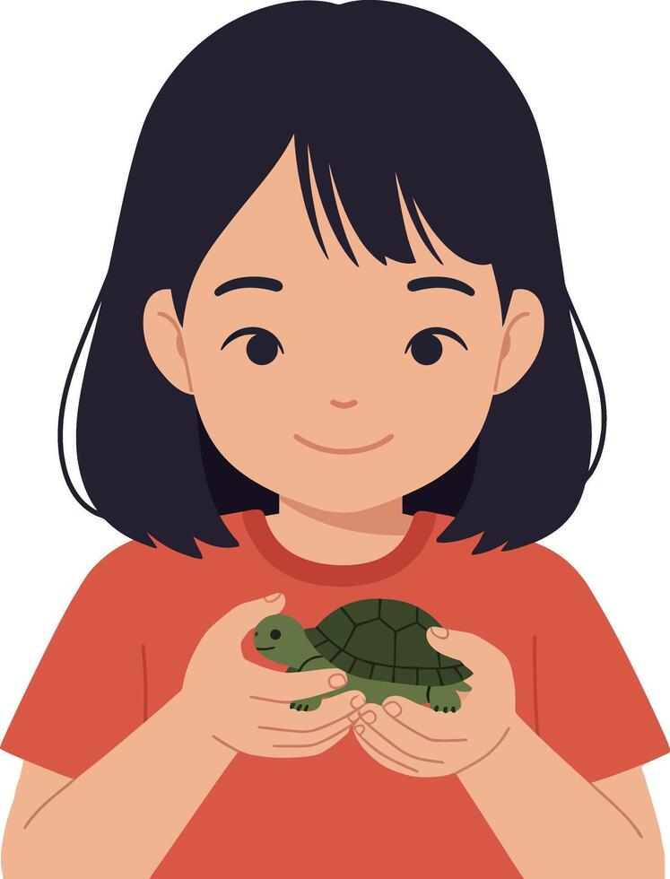 A cheerful girl holding a small turtle in her hands, minimal illustration vector