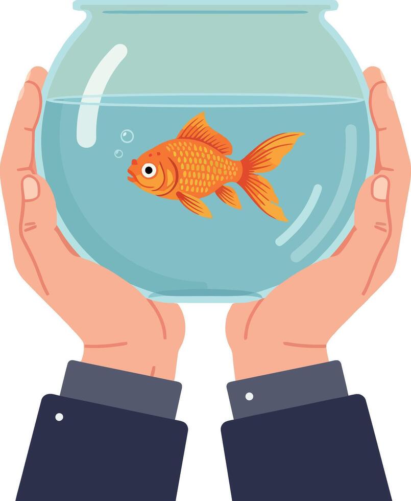 A pair of hands holding a transparent fishbowl with a goldfish in minimal art vector