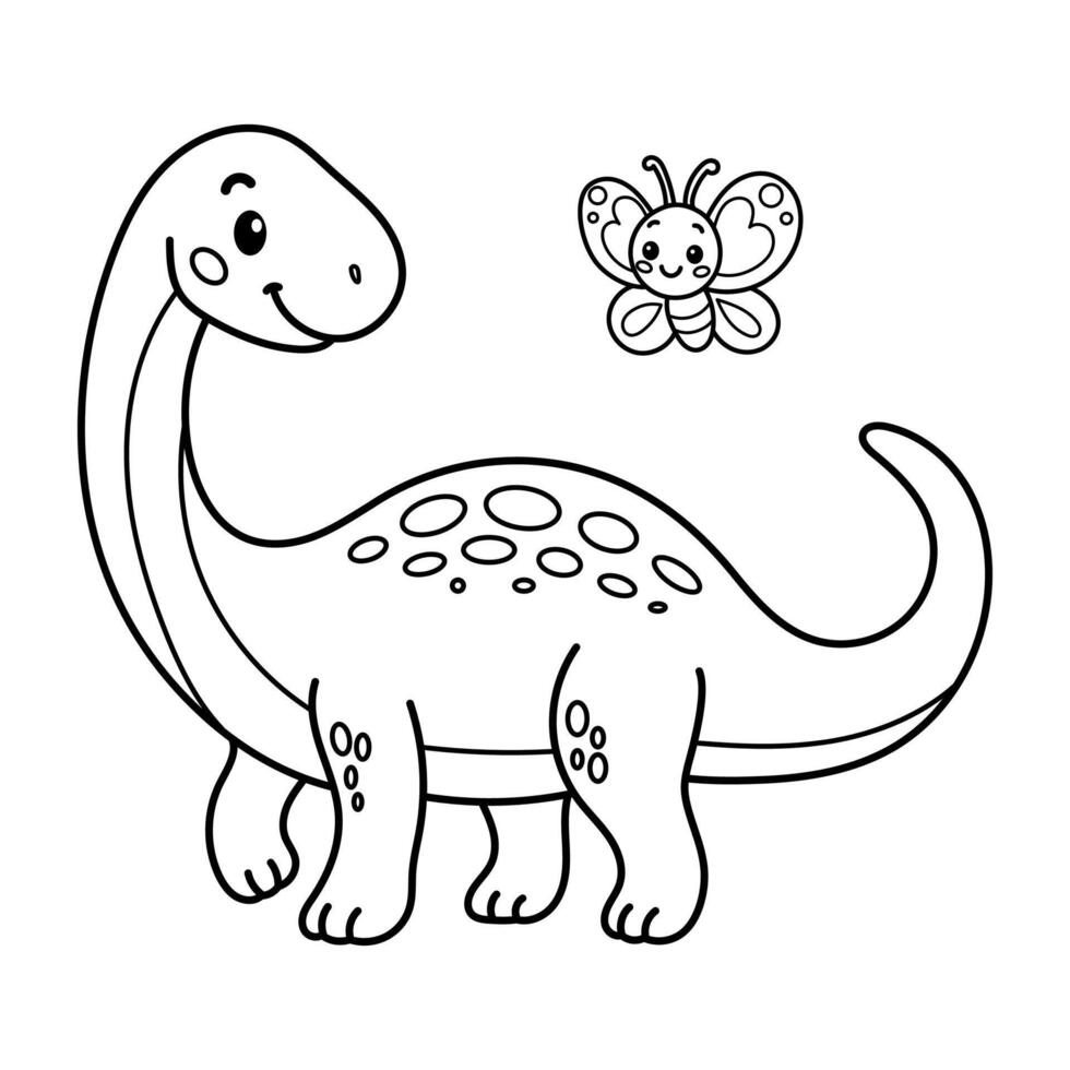 Friendly cartoon sauropod dinosaur and butterfly illustration made for childrens coloring activities vector