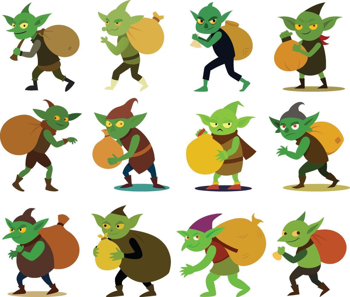 Set of goblin with a big sack of stolen treasure vector