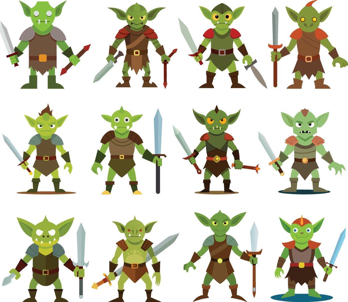 Set of goblin warrior in armor holding a rusty sword vector